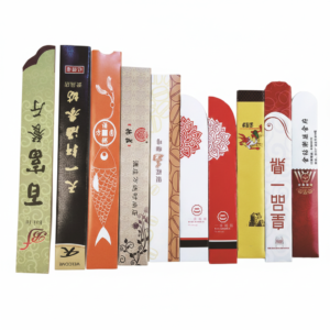 A collection of premium custom-printed chopstick paper sleeves with various brand logos and designs