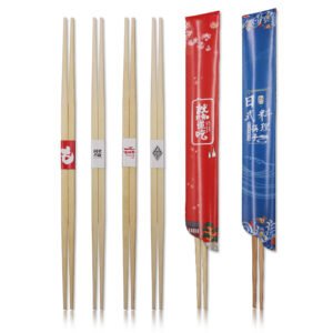 A professional display of double pointed bamboo chopsticks with various colored custom branded paper bands for luxury restaurants